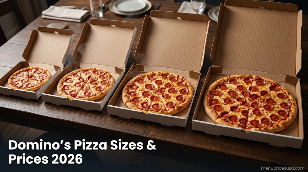 Domino's Pizza Sizes & Prices 2026 hero image with small, medium, large and extra-large pizzas side by side