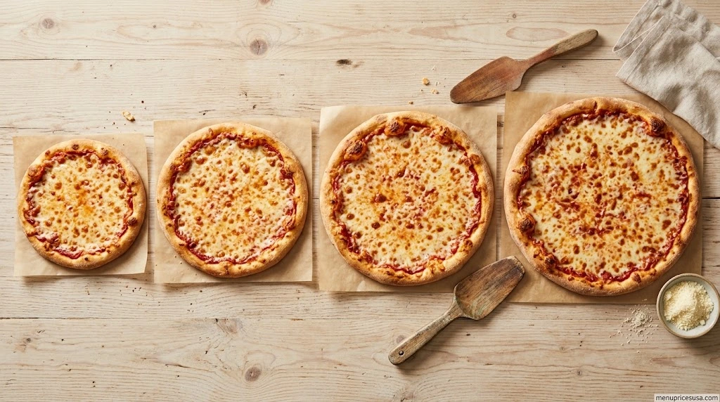Small, medium, large and extra-large cheese pizzas lined up from smallest to largest on a long wooden table