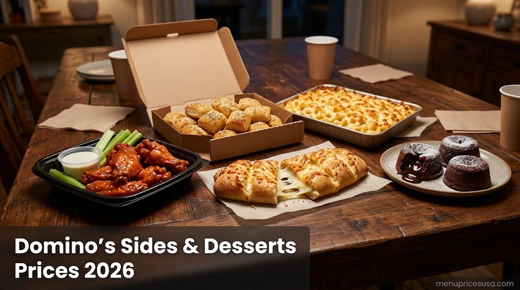 Domino's Sides & Desserts Prices 2026 hero image with wings, bread bites, pasta and lava cakes