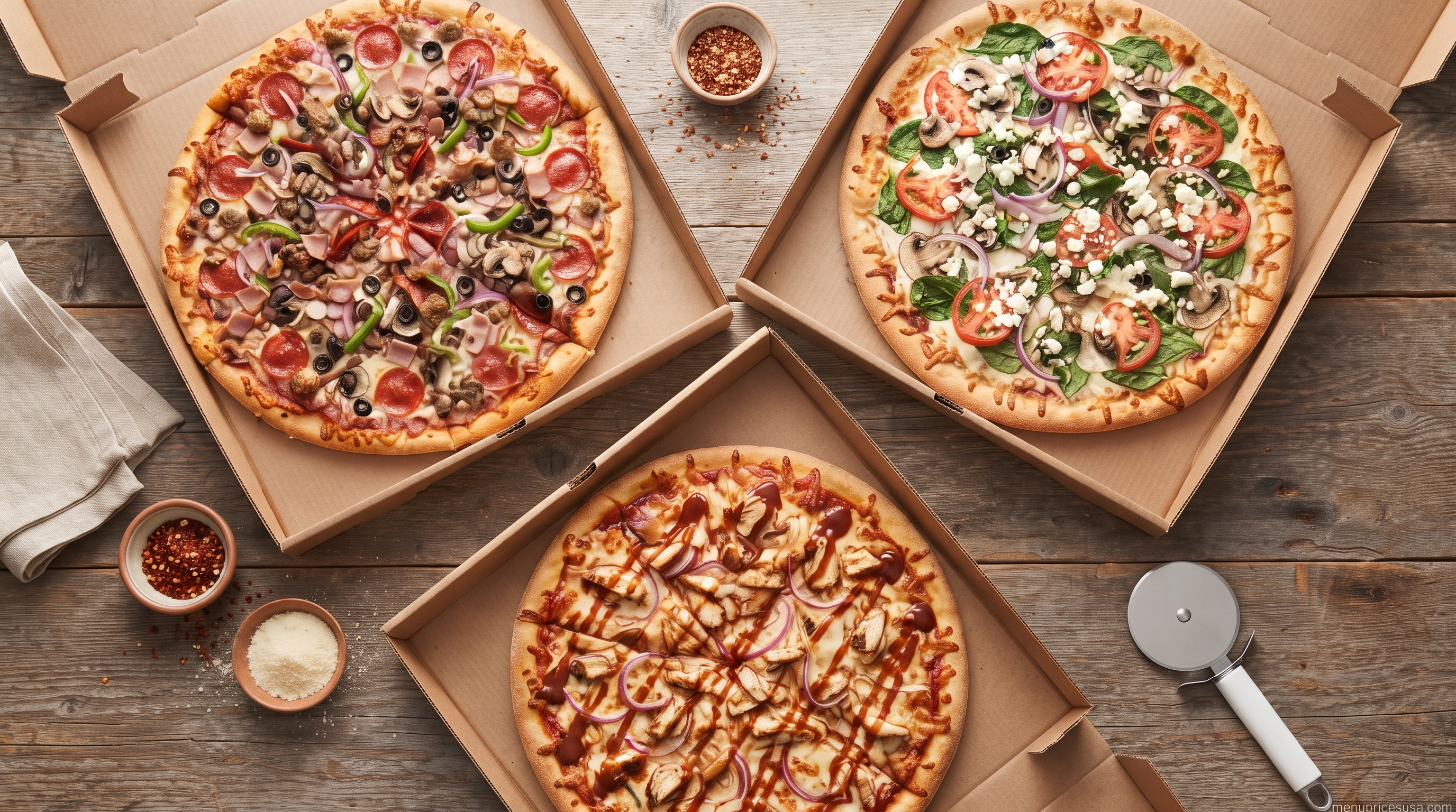Domino's specialty pizzas including a loaded meat pizza, a veggie pizza with spinach and feta and a BBQ chicken pizza on a wooden table