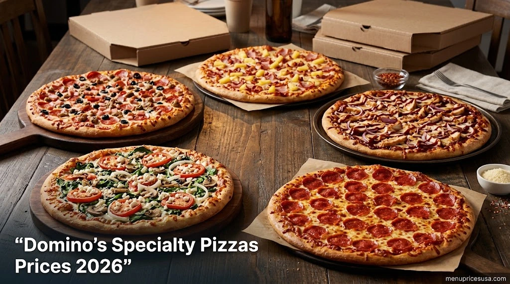 Domino's Specialty Pizzas Prices 2026 hero image with several loaded specialty pizzas on a table