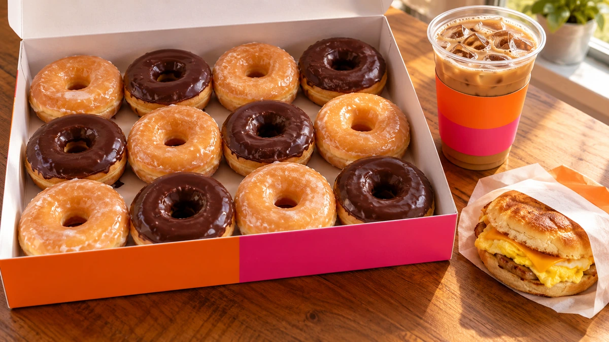 Dunkin Donuts Menu Prices 2026 hero image with donuts, coffee and breakfast sandwich