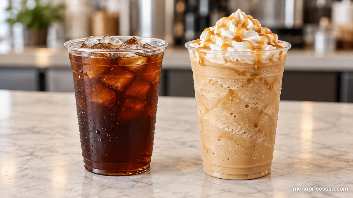 Dunkin Donuts iced coffee and a frozen blended coffee drink side by side, showing a calorie contrast