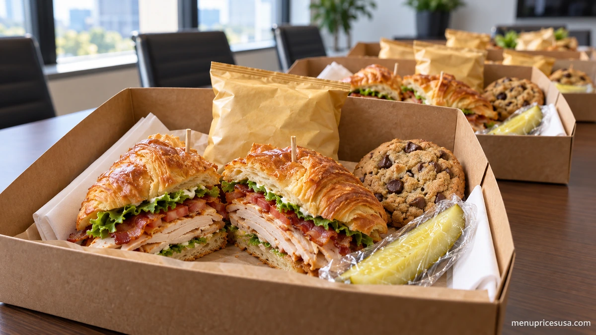 Jason's Deli catering boxed lunches with croissant sandwiches, chips, pickles and cookies lined up on a conference table