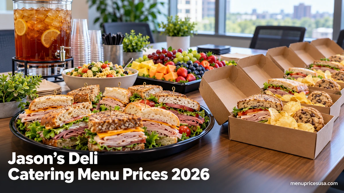 Jason's Deli Catering Menu Prices 2026 hero image with sandwich trays, boxed lunches and a fruit tray on an office table