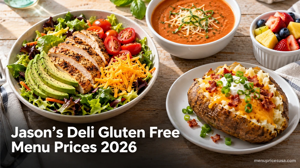 Jason's Deli Gluten Free Menu Prices 2026 hero image with a salad, tomato basil soup and a baked potato