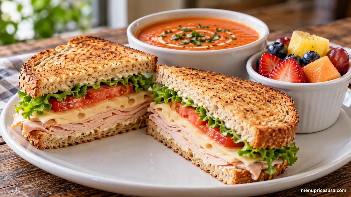 Jason's Deli gluten-free menu sandwich on gluten-free bread with a cup of tomato basil soup and fresh fruit