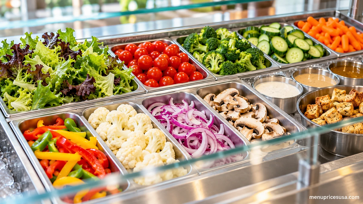 Jason's Deli salad bar with fresh mixed greens, cherry tomatoes, broccoli, cucumbers, carrots and dressings