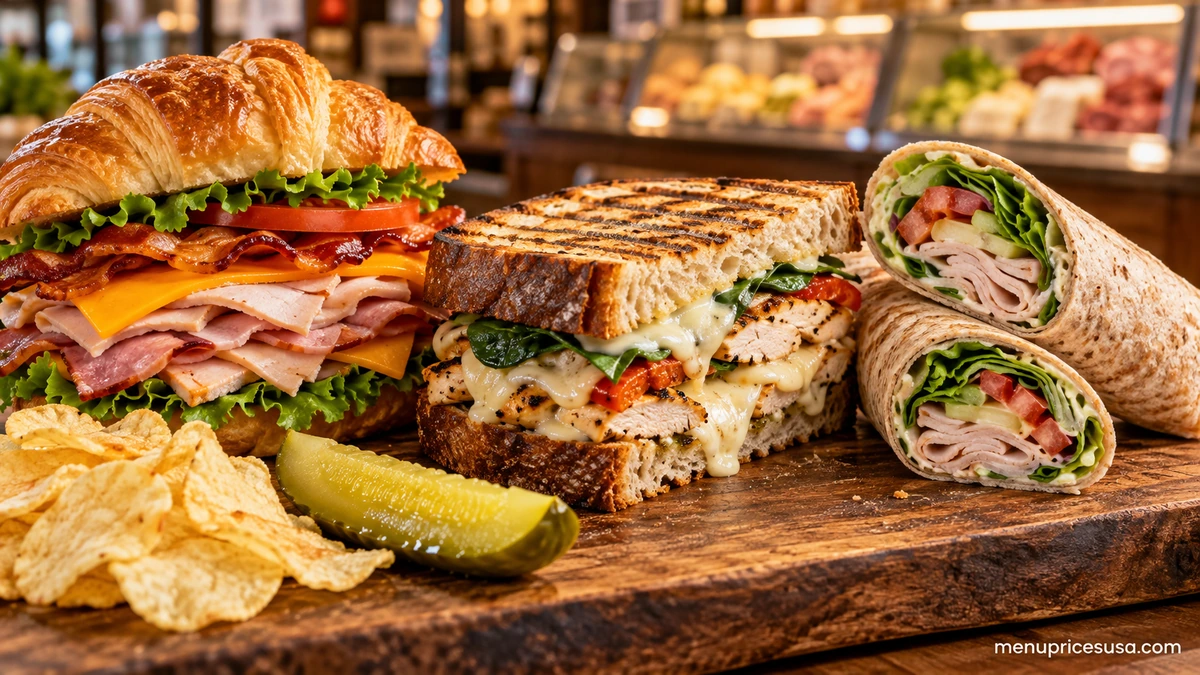 Jason's Deli sandwich menu favorites including a Club Royale on a croissant, a Chicken Panini and a Turkey Wrap with chips and a pickle