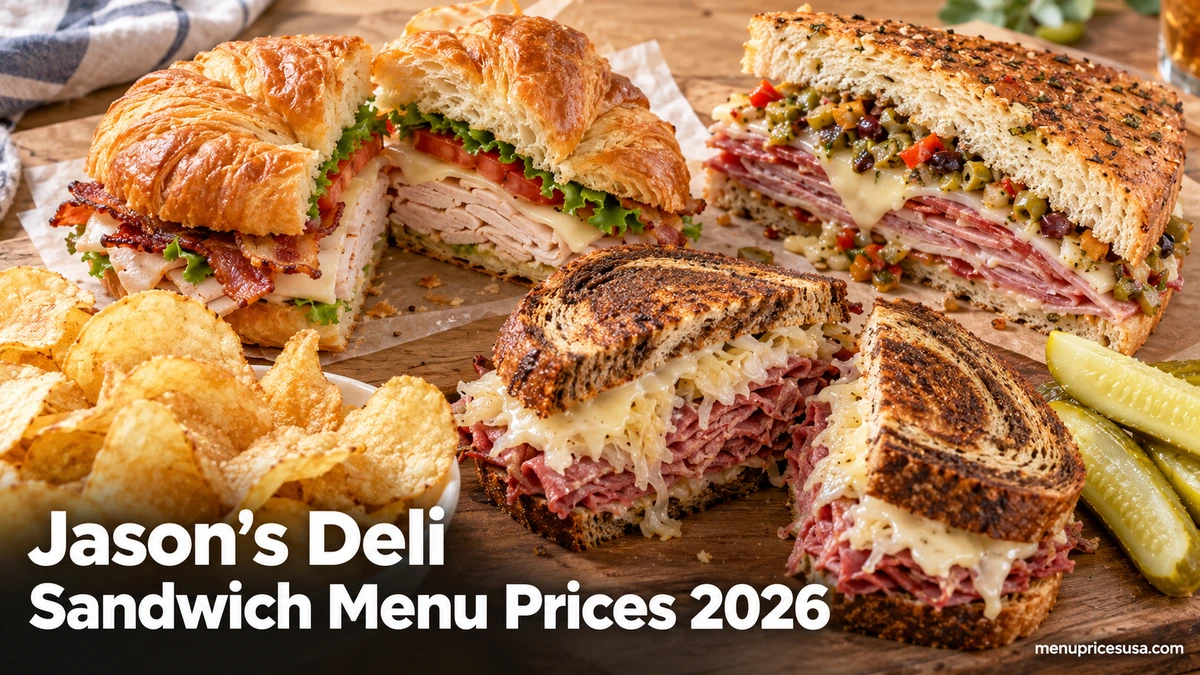 Jason's Deli Sandwich Menu Prices 2026 hero image with a club sandwich, a Reuben and a muffaletta