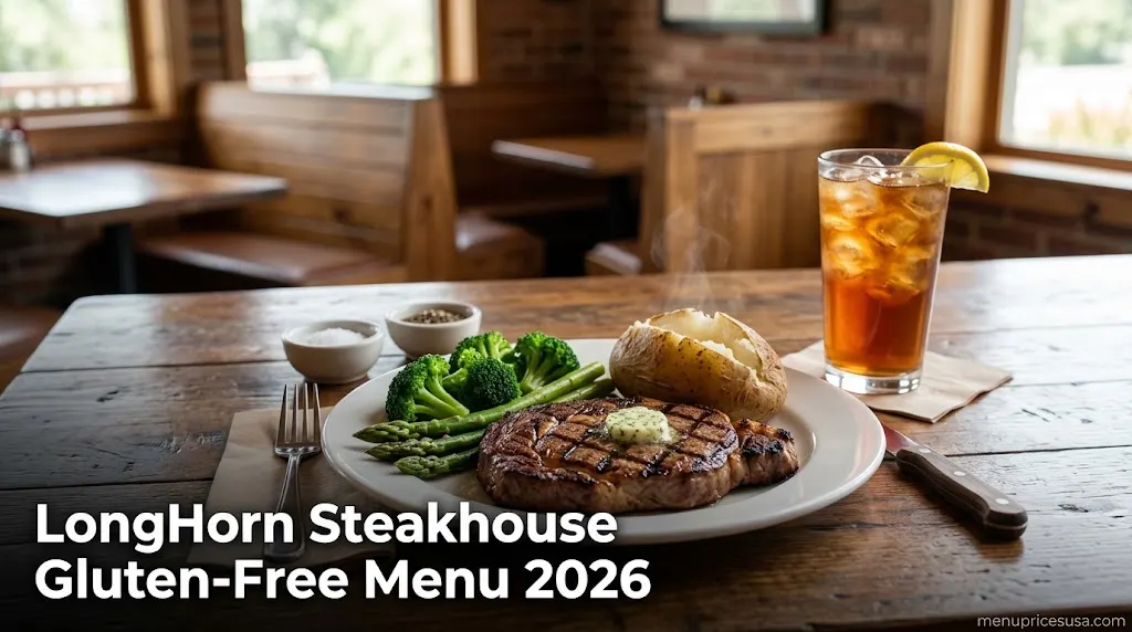 LongHorn Steakhouse Gluten-Free Menu 2026 hero image with a grilled steak, steamed broccoli, asparagus and a baked potato