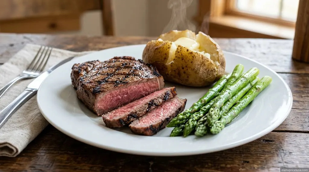 Grilled sirloin steak with steamed asparagus and a baked potato on a white plate