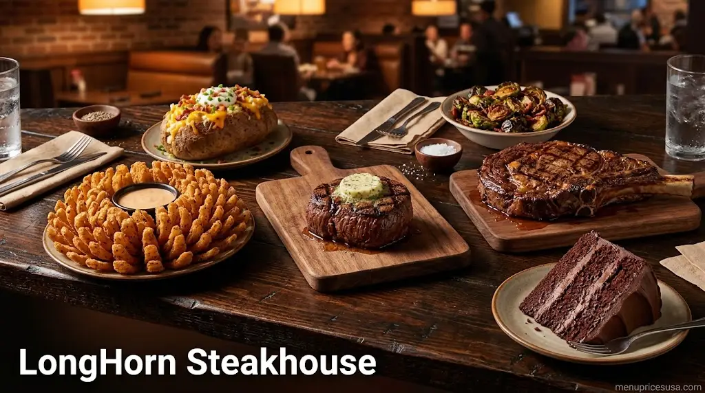 LongHorn Steakhouse guide 2026 hero image with grilled steaks, sides and a dessert on a rustic table