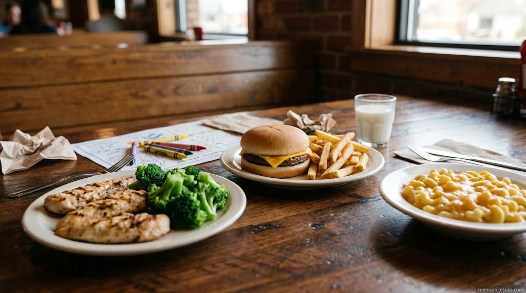 Kids meal plates with chicken tenders, a small sirloin, mac and cheese and a side on a family restaurant table
