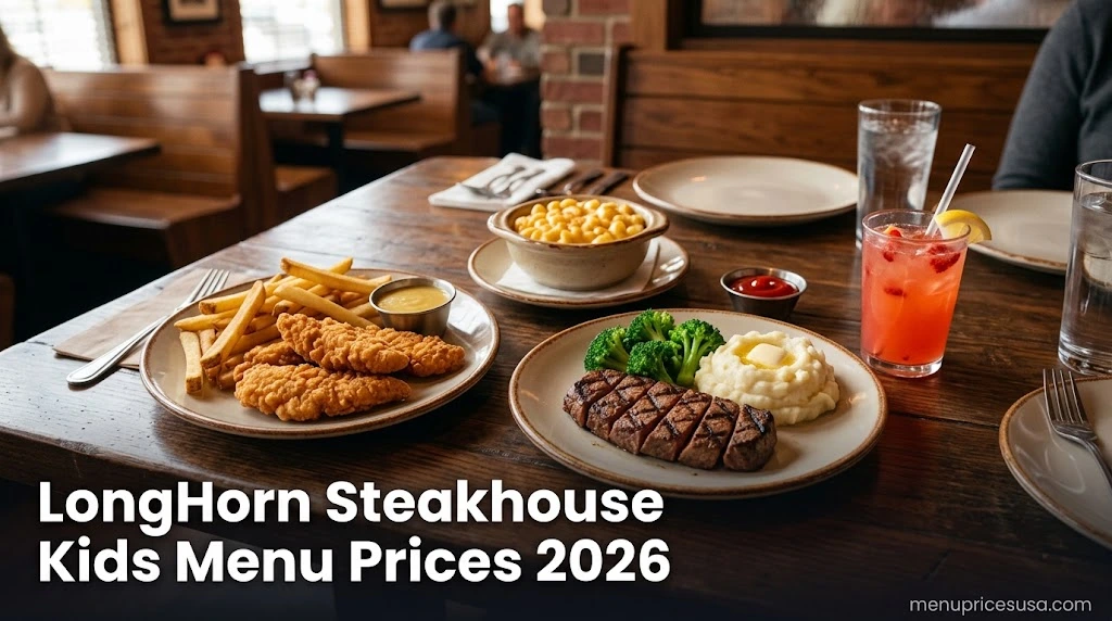 LongHorn Steakhouse Kids Menu Prices 2026 hero image with kids meals including chicken tenders, a small steak and mac and cheese