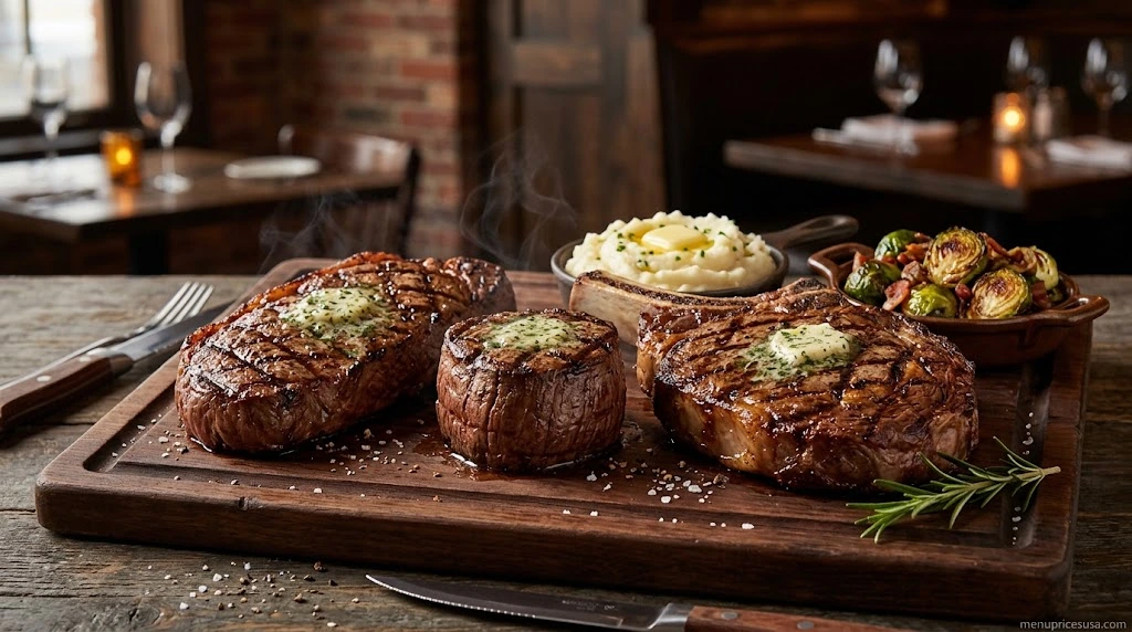 Grilled sirloin, filet and ribeye steaks with sides on a steakhouse table