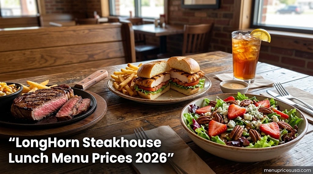 LongHorn Steakhouse Lunch Menu Prices 2026 hero image with a lunch steak, a chicken sandwich plate and a salad on a wooden table
