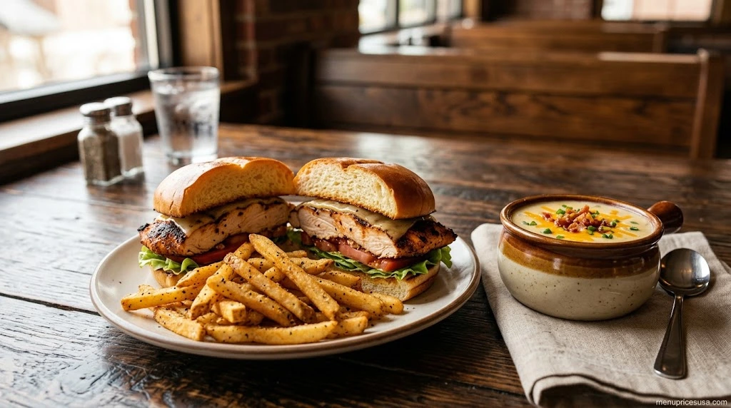 Steakhouse lunch plate with a chicken sandwich, fries and a cup of soup on a wooden table