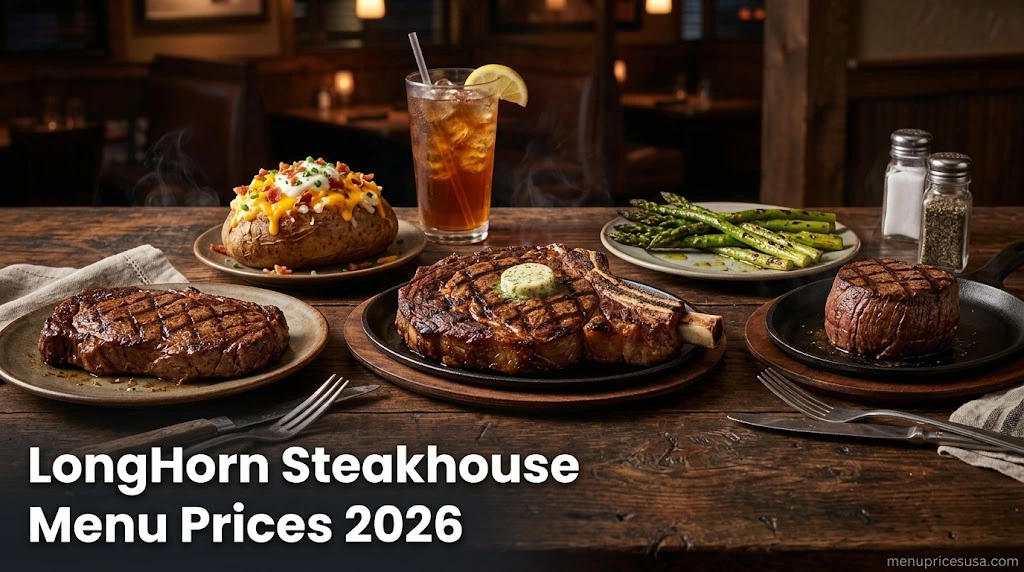 LongHorn Steakhouse Menu Prices 2026 hero image with grilled steaks, a baked potato and sides on a wooden table