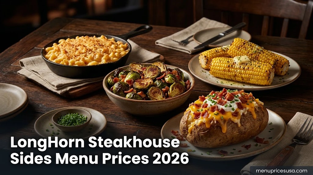 LongHorn Steakhouse Sides Menu Prices 2026 hero image with mac and cheese, Brussels sprouts, a baked potato and corn on a wooden table