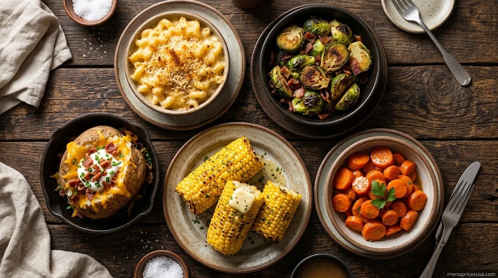 Steakhouse sides including mac and cheese, crispy Brussels sprouts, a loaded baked potato and grilled corn in bowls on a wooden table