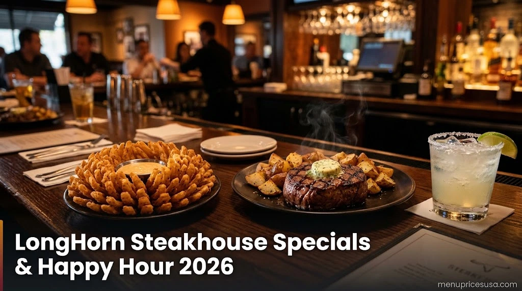 LongHorn Steakhouse Specials and Happy Hour 2026 hero image with steaks, an appetizer and a margarita on a steakhouse bar