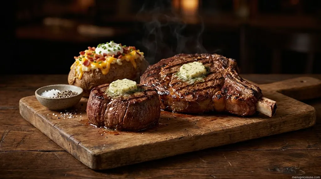 Grilled filet mignon and bone-in ribeye steaks on a wooden board with a loaded baked potato