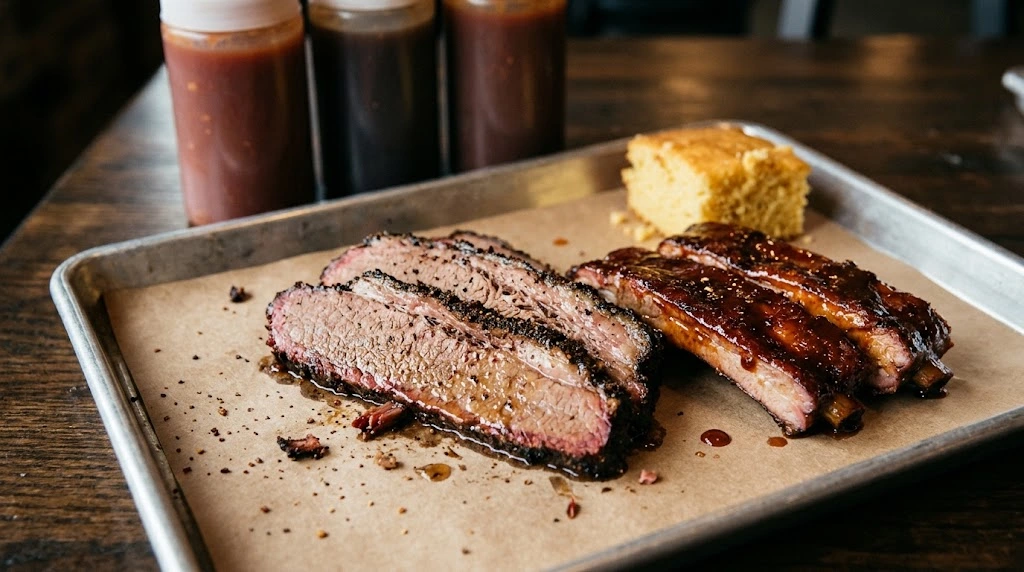 Sliced smoked brisket, baby back ribs and cornbread on a metal tray with barbecue sauce bottles