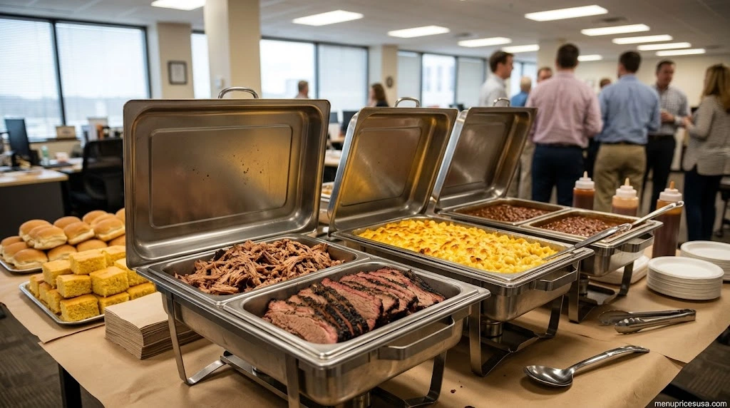 Barbecue catering buffet with chafing dishes of brisket, pulled pork, mac and cheese, baked beans and cornbread
