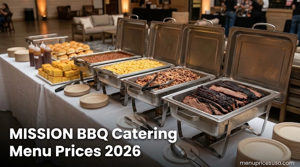 MISSION BBQ Catering Menu Prices 2026 hero image with a barbecue catering buffet of brisket, pulled pork, sides and cornbread