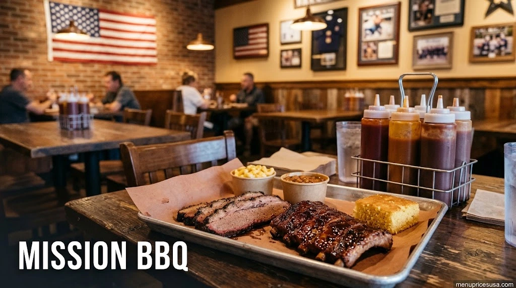 MISSION BBQ guide 2026 hero image with smoked brisket, ribs, sauces and an American flag in a barbecue restaurant