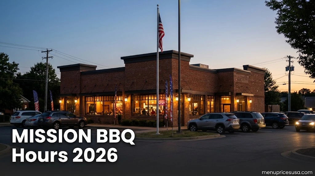 MISSION BBQ Hours 2026 hero image with a barbecue restaurant storefront and an American flag at dusk