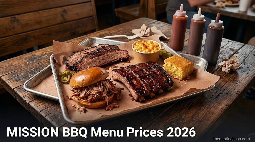 MISSION BBQ Menu Prices 2026 hero image with smoked brisket, ribs, pulled pork sandwich and mac and cheese on a barbecue tray
