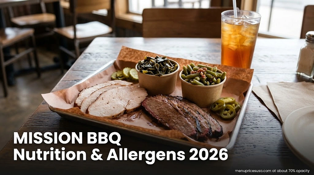 MISSION BBQ Nutrition and Allergens 2026 hero image with smoked turkey, lean brisket, collard greens and green beans on a tray