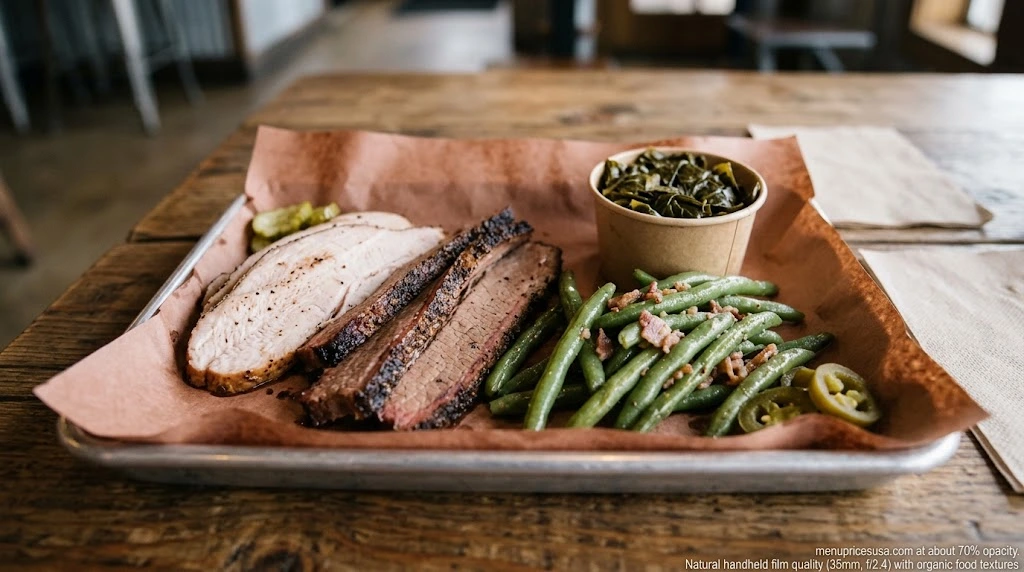 Sliced smoked turkey, lean brisket and green beans on a plate next to a cup of collard greens