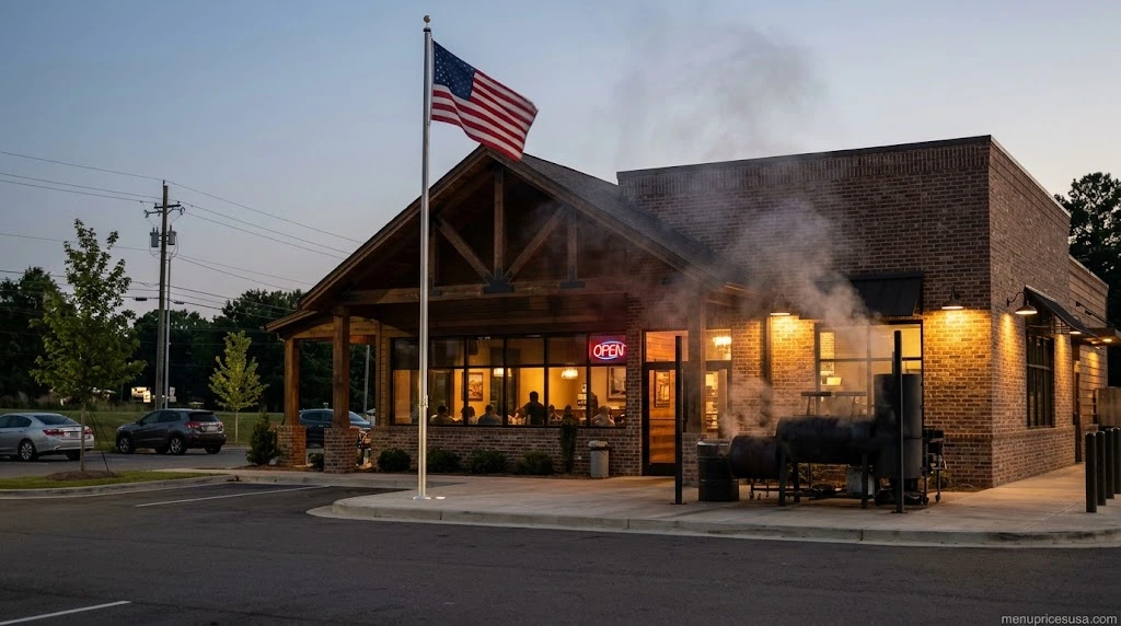 Barbecue restaurant with an American flag out front and warm lights on in the early evening