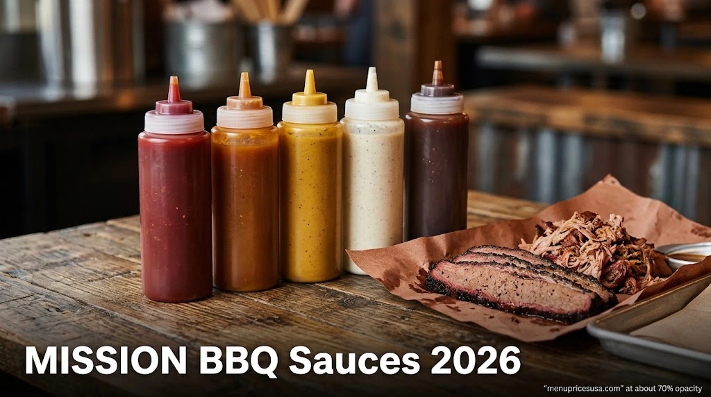 MISSION BBQ Sauces 2026 hero image with a row of barbecue sauce bottles beside smoked brisket and pulled pork