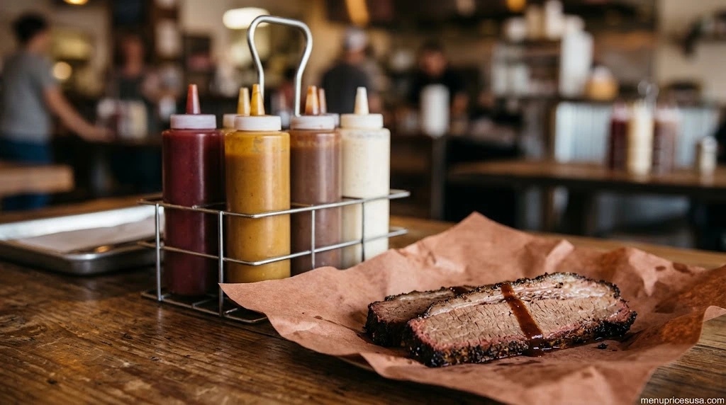 Row of unlabeled barbecue sauce squeeze bottles in red, gold and brown next to sliced brisket