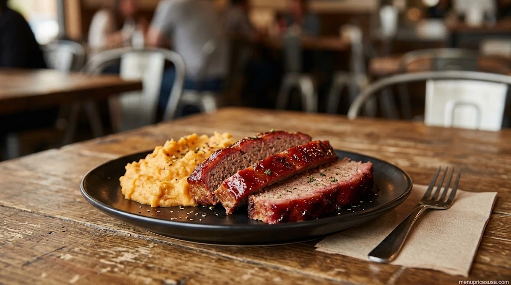 Thick slices of smoked meatloaf with a red glaze on a black plate with mashed sweet potatoes