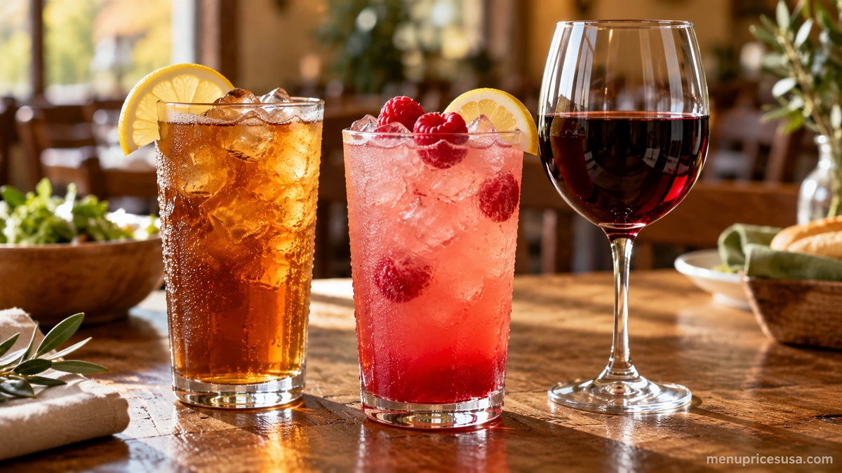 Olive Garden drink menu spread of iced tea, lemonade and wine bottles