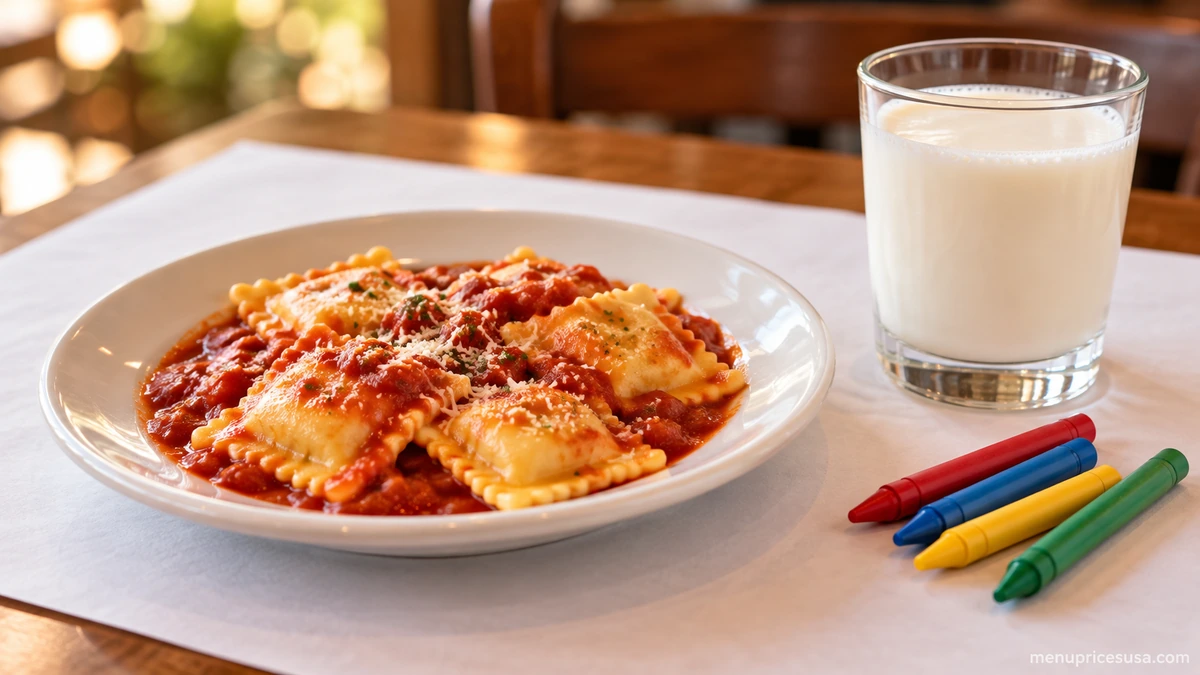 Olive Garden kids meal of cheese ravioli with a glass of milk