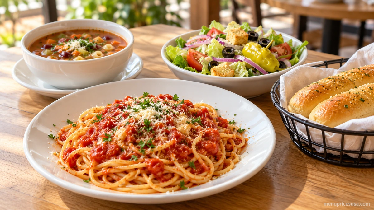 Olive Garden Lunch-Sized Favorites plate of pasta next to the WEEKDAY Lunch Special soup and salad