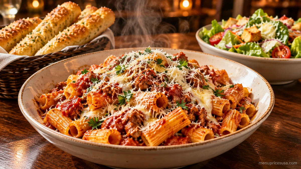 Olive Garden Never-Ending Pasta Bowl with breadsticks and salad, one of the genuinely active current Olive Garden specials