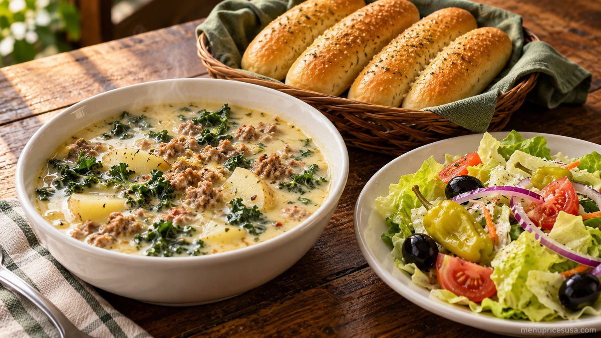 Olive Garden Soup, Salad and Breadsticks combo with Zuppa Toscana soup and warm breadsticks