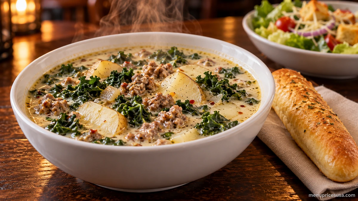 Olive Garden Zuppa Toscana soup, salad and breadsticks arranged together