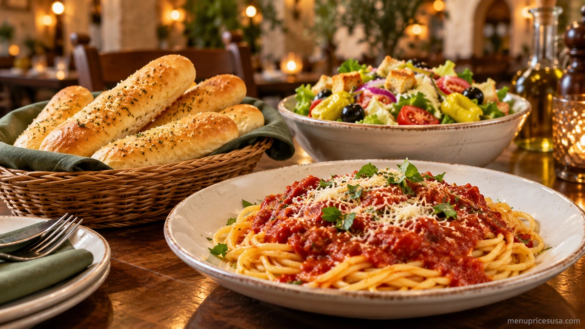 Olive Garden table set with breadsticks, salad and pasta, representing current Olive Garden specials and deals