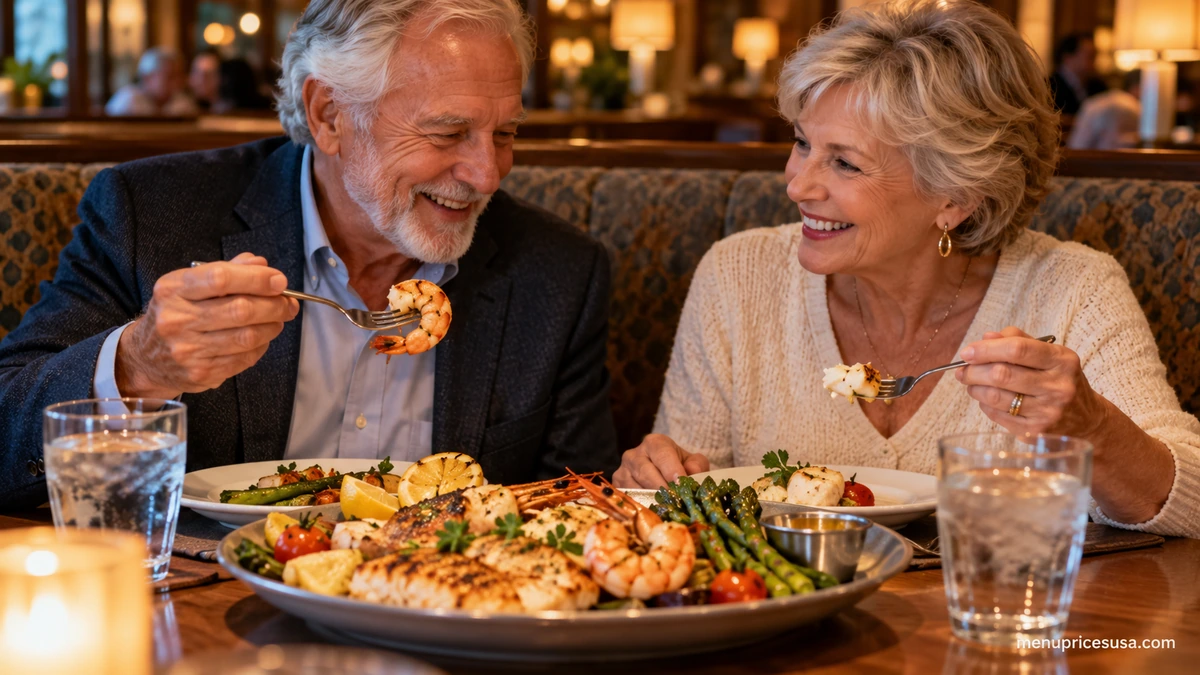 Older couple dining at a seafood restaurant table with a plated meal