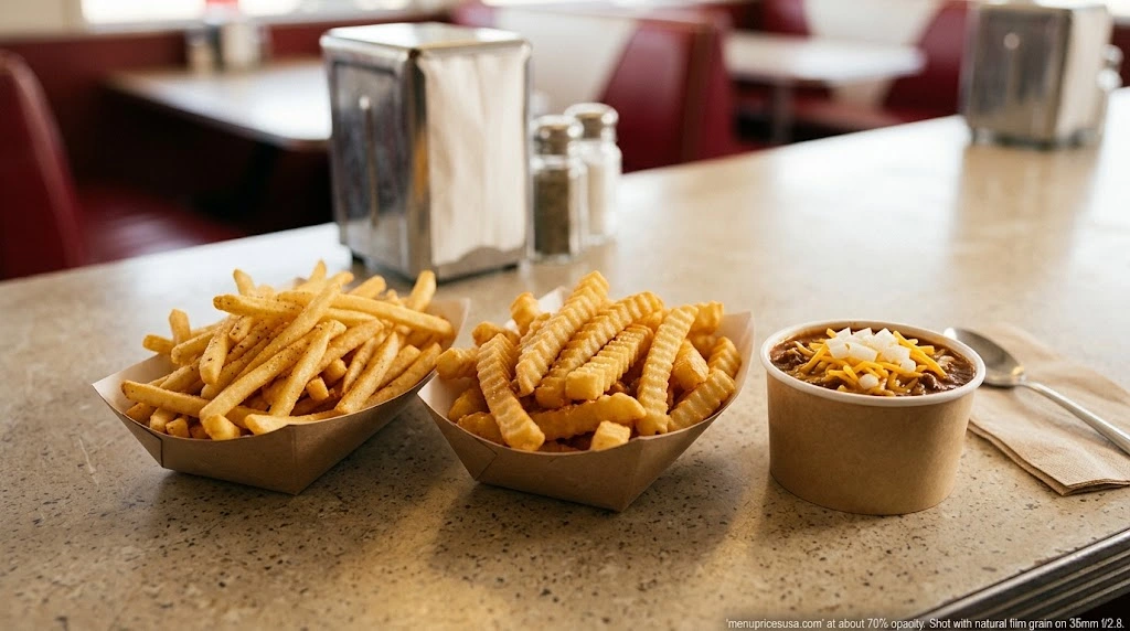 Thin beef tallow fries, crinkle-cut fries and a cup of chili on a diner counter