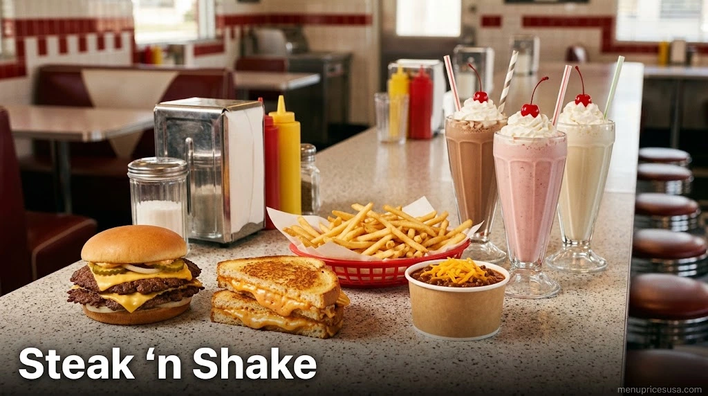 Steak 'n Shake guide 2026 hero image with steakburgers, fries and milkshakes at a retro diner counter