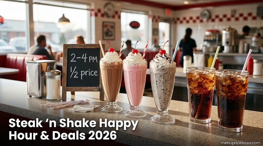 Steak 'n Shake Happy Hour and Deals 2026 hero image with half-price milkshakes and drinks on a diner counter
